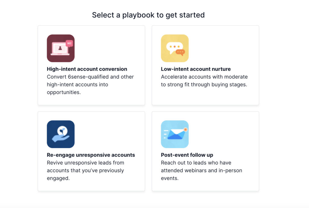 The Conversational Email Campaign Builder tool features four pre-built templates:

1. High-intent account conversion: Convert 6sense-qualified and other high-intent accounts into opportunities.

2. Low-intent account nurture: Accelerate accounts with moderate to strong fit through buying stages.

3. Re-engage unresponsive accounts: Revive unresponsive leads from accounts you've previously engaged.

4. Post-event follow up: Reach out to leads who have attended webinars and in-person events.